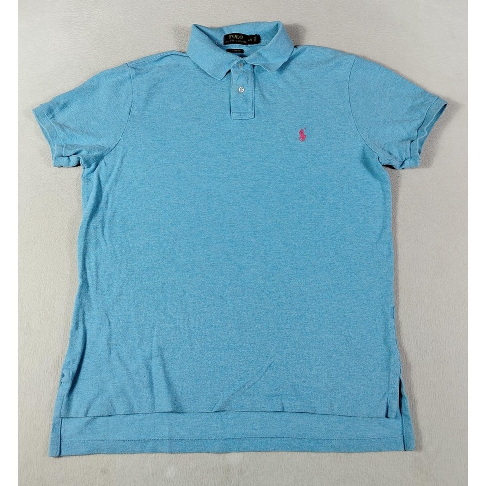 Polo Ralph Lauren Polo Shirt Mens Large Blue Custom Fit Pink Pony Pique Cotton
